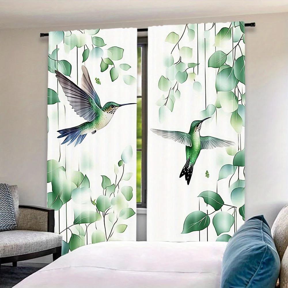 Hummingbird and Flowers Print Light-Filtering Curtain Panels 2 Piece Polyester Rod Pocket  Decorative Curtains for Bedroom