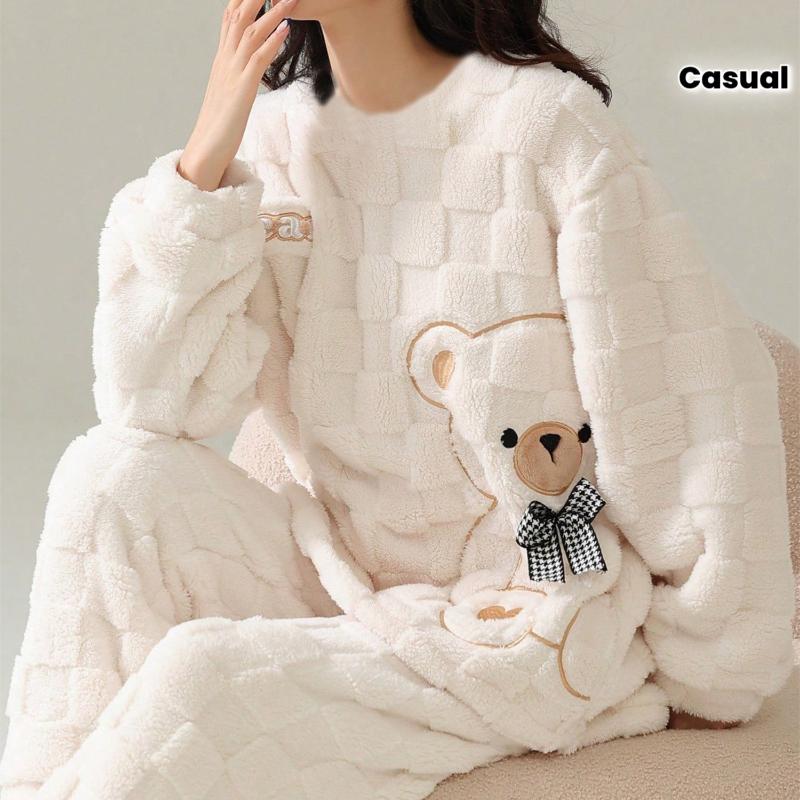 Winter Women's Warm Pajama Set • Cute Bear Pattern • Casual Loungewear Set