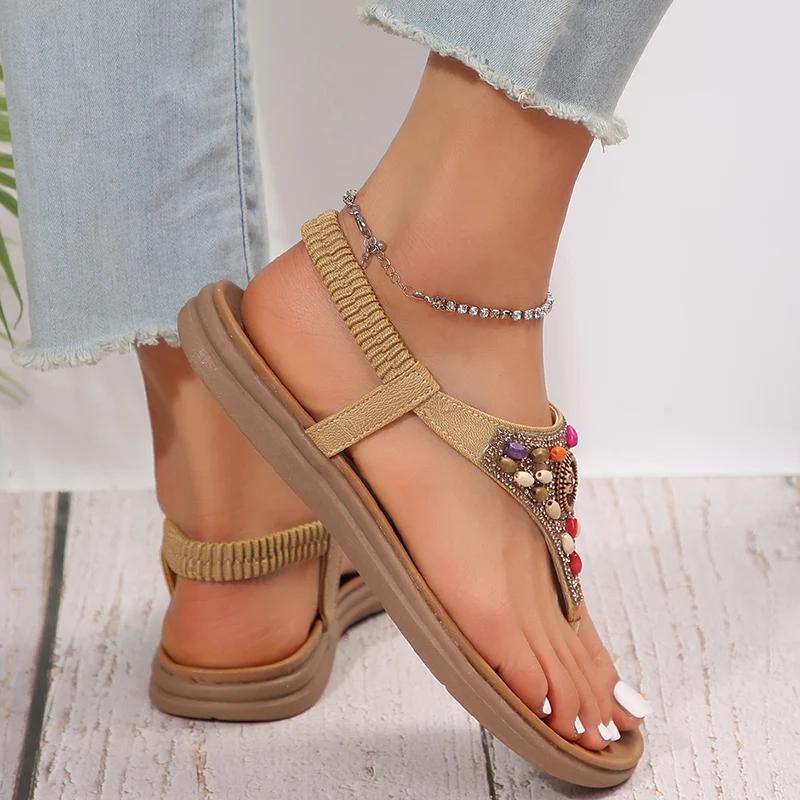 Fashion Mix Color Pearl Bohemian Sandals Women Fashion Clip-Toe Non-Slip Beach Sandals Woman Bling Crystal Flat Heel Rome Sandalias