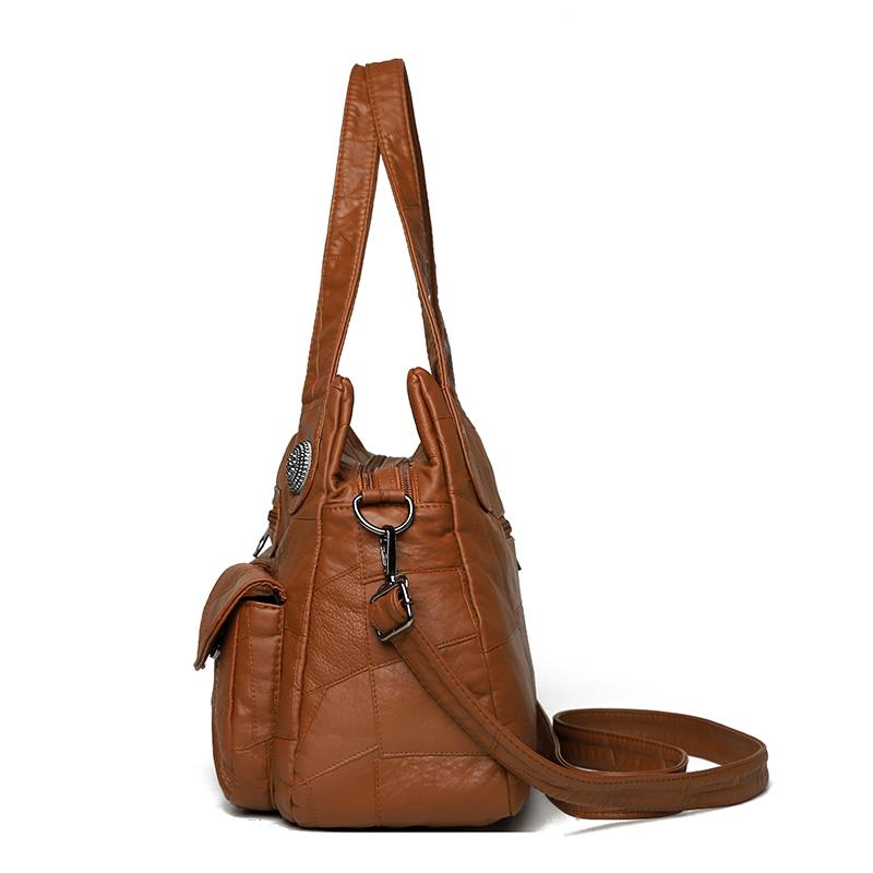 Women's Brown Textured Leather Hobo Bag Braided Detail Multi-Pocket Crossbody Shoulder Bag Fashion Casual Daily Handbag
