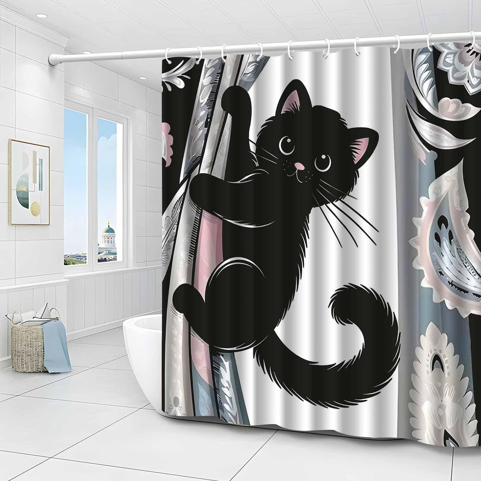 

VIKAMA Cartoon Black Cat Climbing Shower Curtain Modern Minimalist Bathroom Fresh, Cozy, and Adorable Pet Vibes Machine Washable 90X180C(3X5.9FT)