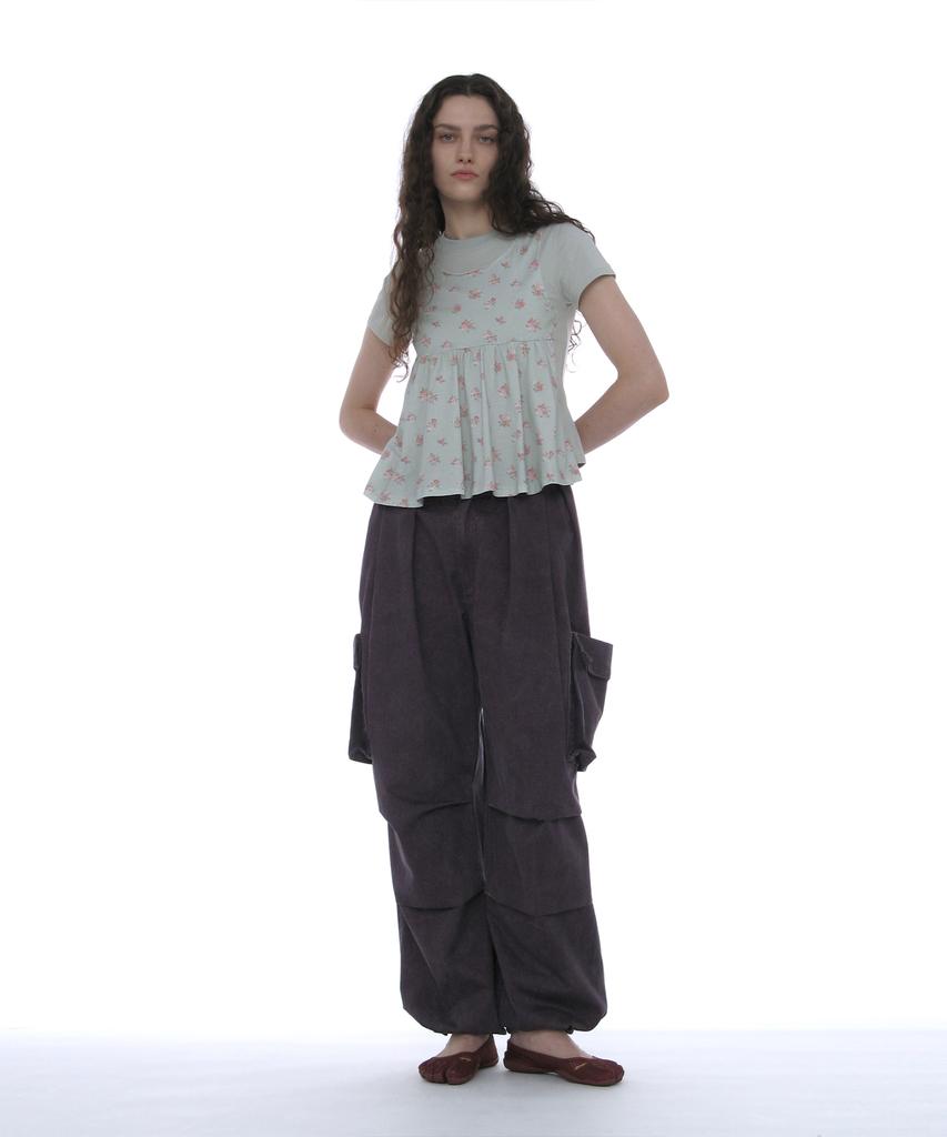 PARTIMENTO WOMEN Overlay Peplum Short Sleeve Tee_Mint Floral