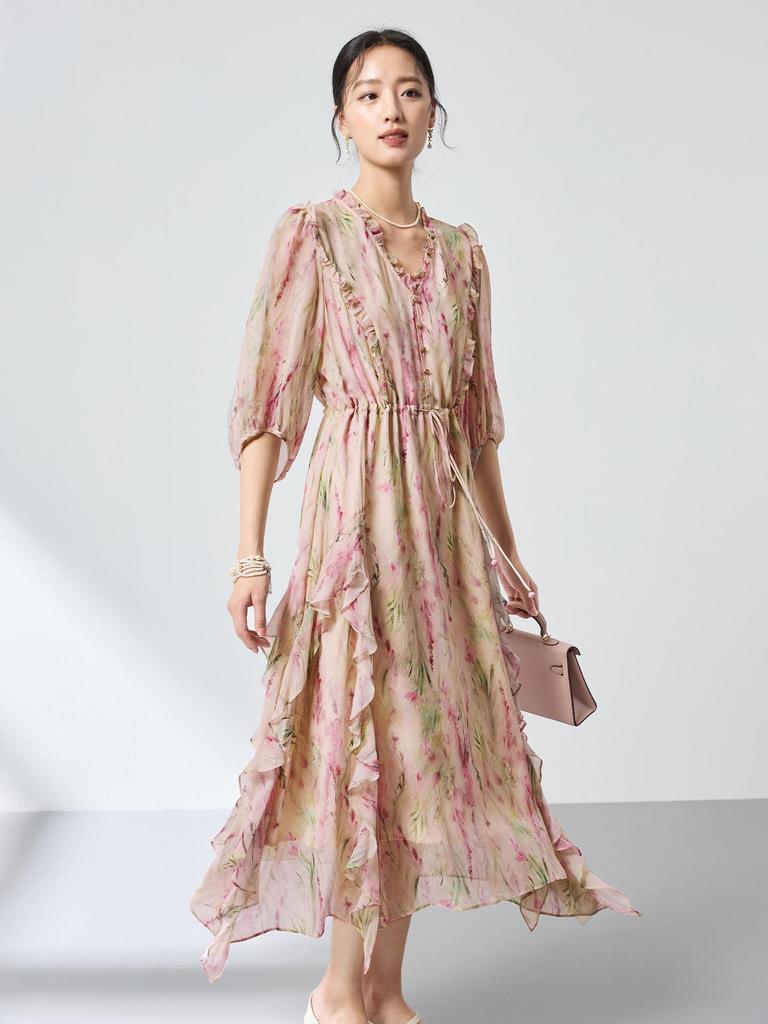 Ethereal Floral Print Dress in 100% Mulberry Silk with Ruffles - Spring Tea Break Collection