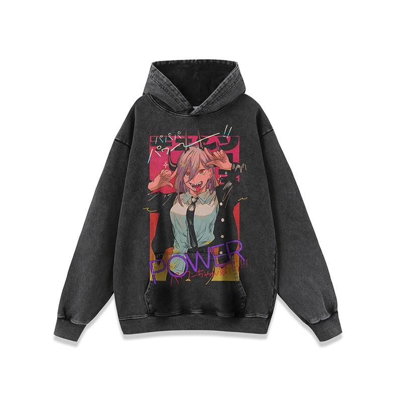 Oversized Anime Print Washed Cotton Hoodie Mens Streetwear Long Sleeve Loose Fit