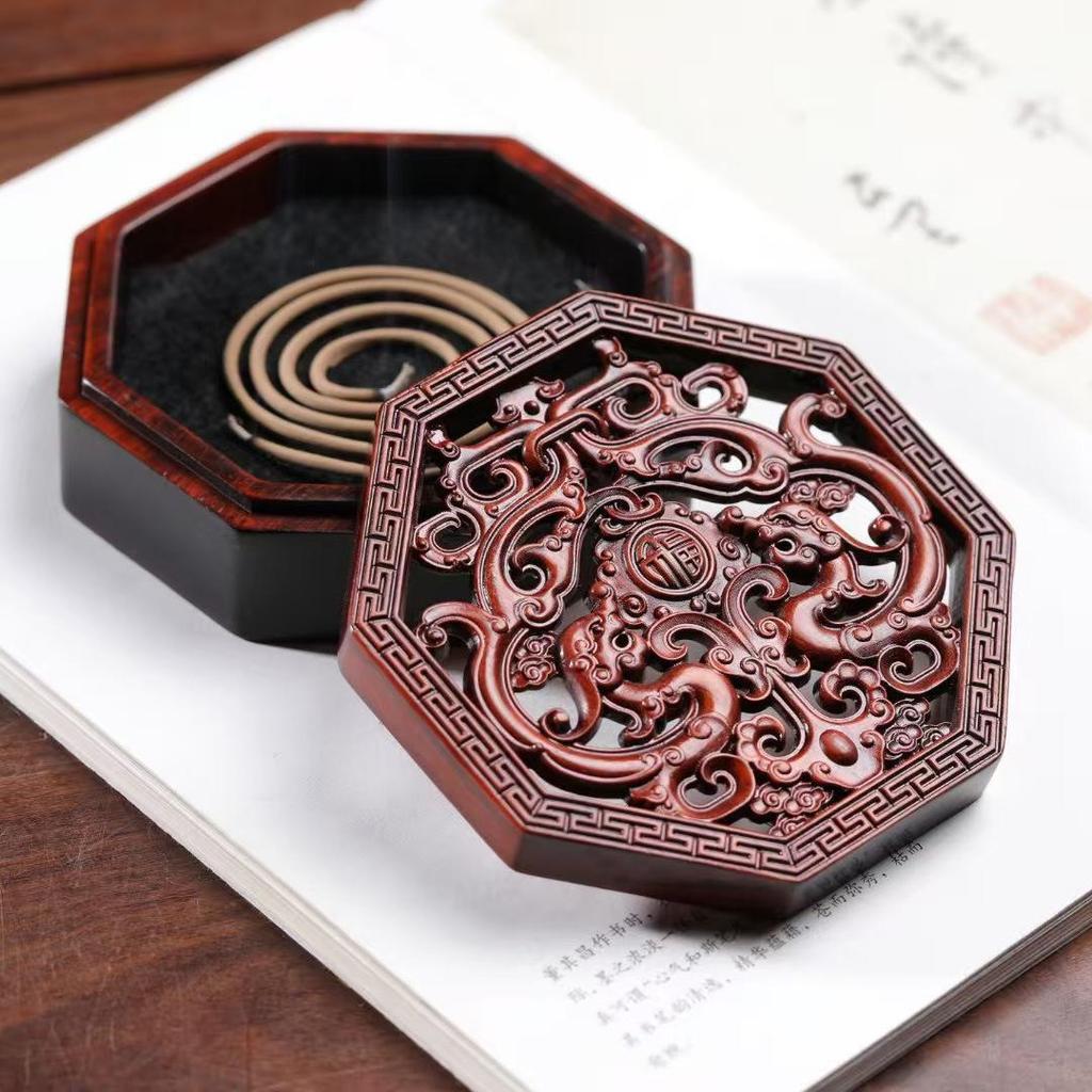 Sandalwood Ming & Qing Antique-Style Carved Incense Box and Burner, Solid Wood Zen Tea Ceremony Holder