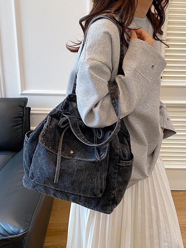 Denim Tote Bag For Women With Drawstring Closure And Butterfly Bow Fashion Street Style