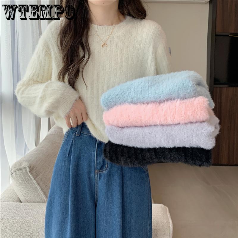 Y2K Cropped Sweater Pink Furry Solid Korean Fashion Pullover Knitted Sweaters Autumn Winter Long Sleeve Harajuku Jumper Sweater