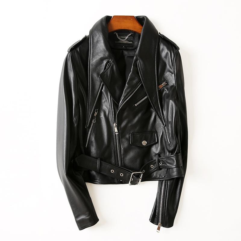 

Женская короткая приталенная мотоциклетная кожаная куртка из овчины XXXL чёрный