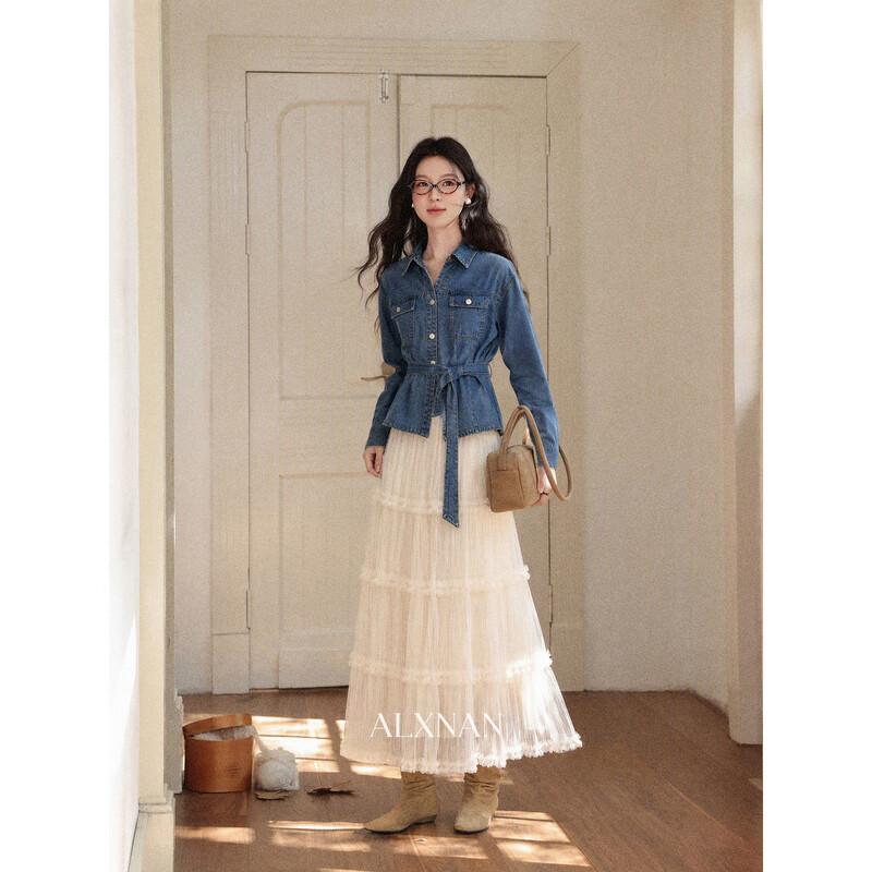 Luxiangnan Women's Retro Denim Blue Belted Shirt
