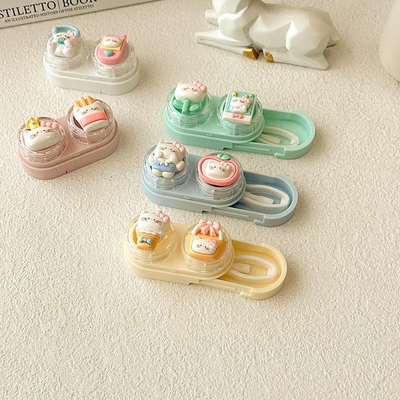 Cartoon Katze Kontaktlinsenetui Tragbare Mini Kontaktlinsenbox mit Pinzette Saugstab Set Reise Linsenaufbewahrung für Frauen Mädchen