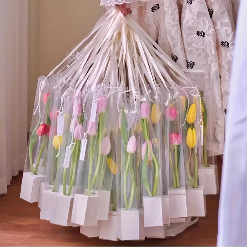 5er-Set Tragbare Klare Plastik-Blumenkästen Transparente Handheld-Rosen-Geschenkbox für Blumenstraußverpackung Kleine Florale DIY-Hülle Taschen