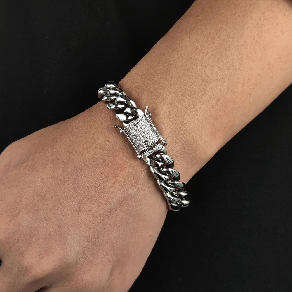 6/8/10/12/14/16MM Hip Hop Rock Zircon Clasp Cuban Bracelets for Men Stainless Steel Jewelry