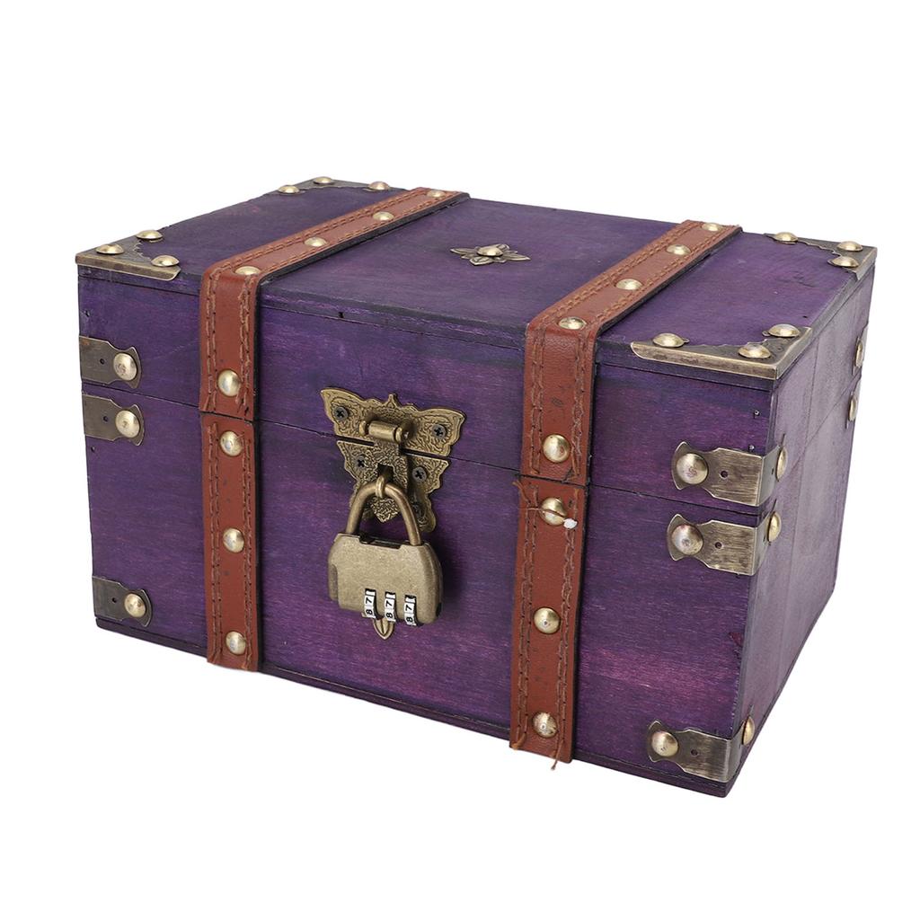 Vintage Wooden Treasure Chest Box with Lock Rectangle Antique Wood Jewelry Storage Box Decorative Handmade Case