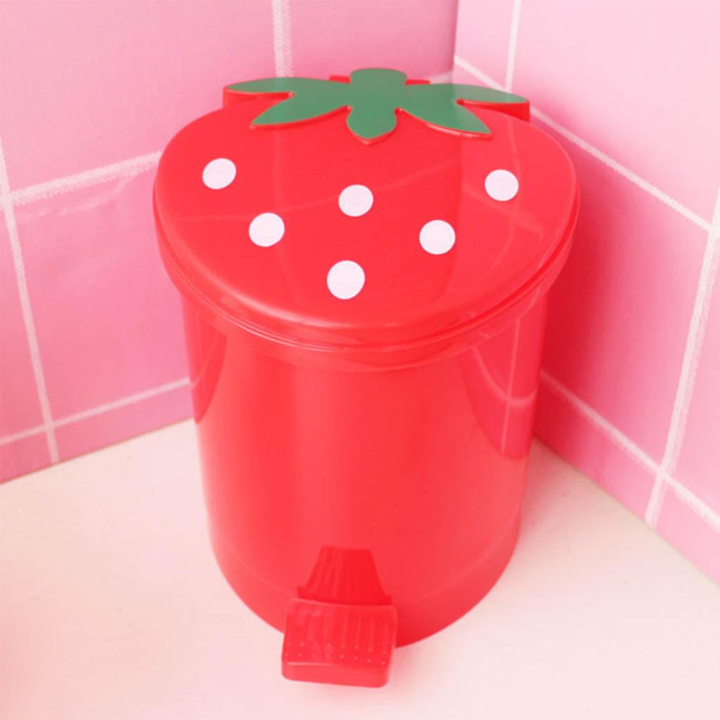 Mini Strawberry Trash Can with Lid Plastic Garbage Bin Waste Paper Organizer for Home Office Desk Room Desktop Bucket