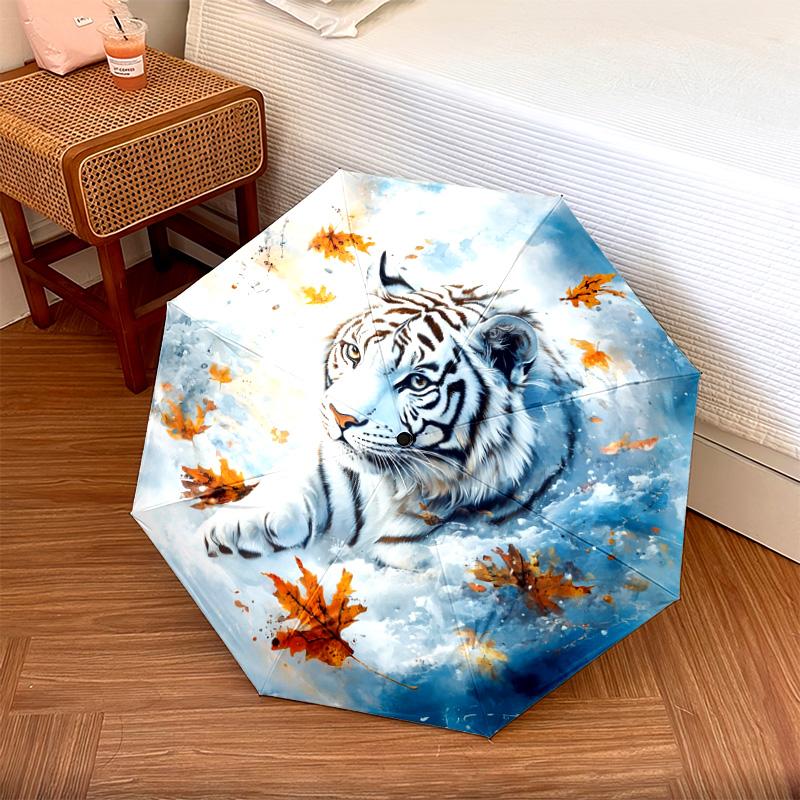 1 PC Automatic Folding Umbrella - White Tiger with Falling Leaves Pattern, Portable & Foldable Design with 8 Ribs, Christmas Birthday Gifts