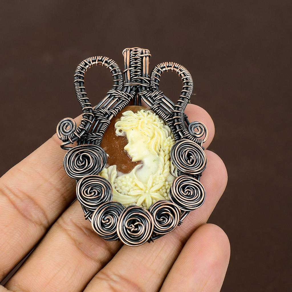 Natural Victorian Lady Bone Face Cameo Stone Copper Wire Wrap Pendant 2.76" Q8T63