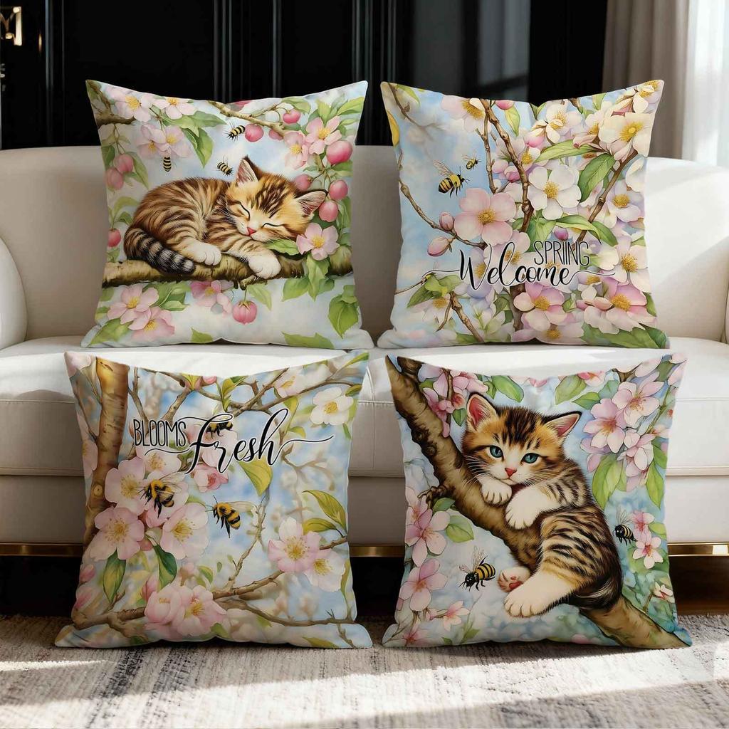 Cute Cat and Flowers Theme digital printing pillow cover Short plush Suitable living rooms bedrooms sofas throw cushion cover