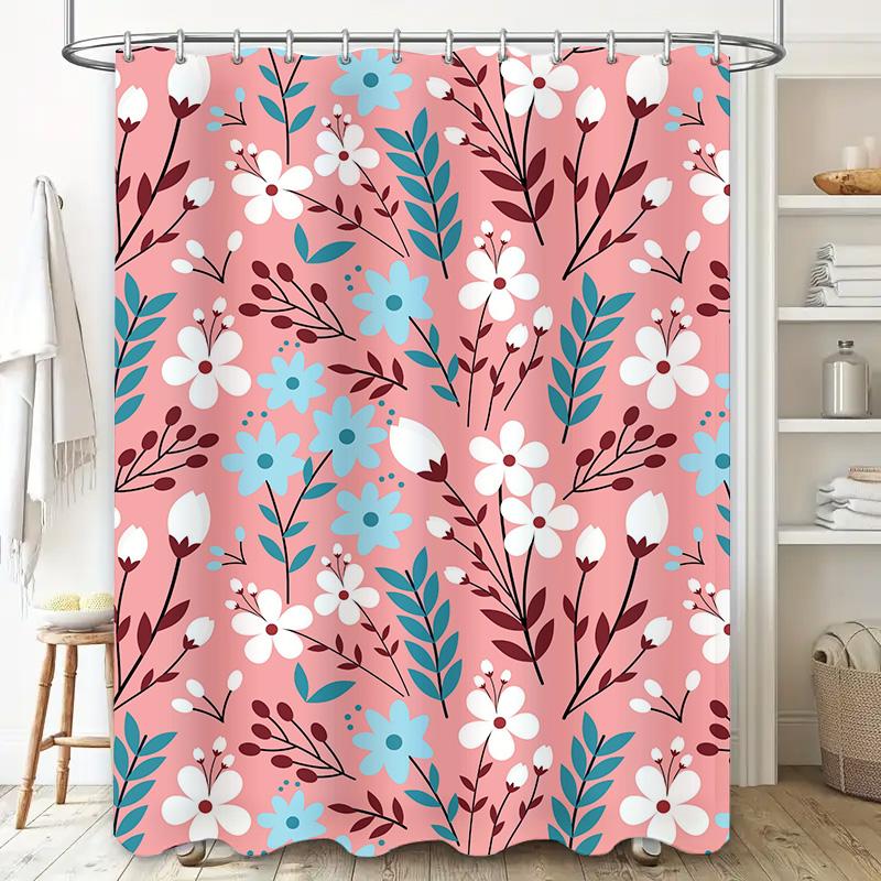 Pink White Floral Shower Curtain Set Bath Decor With Blue Accents Fabric Shower Curtains For Home Decor In Bathroom (Set Of 1)
