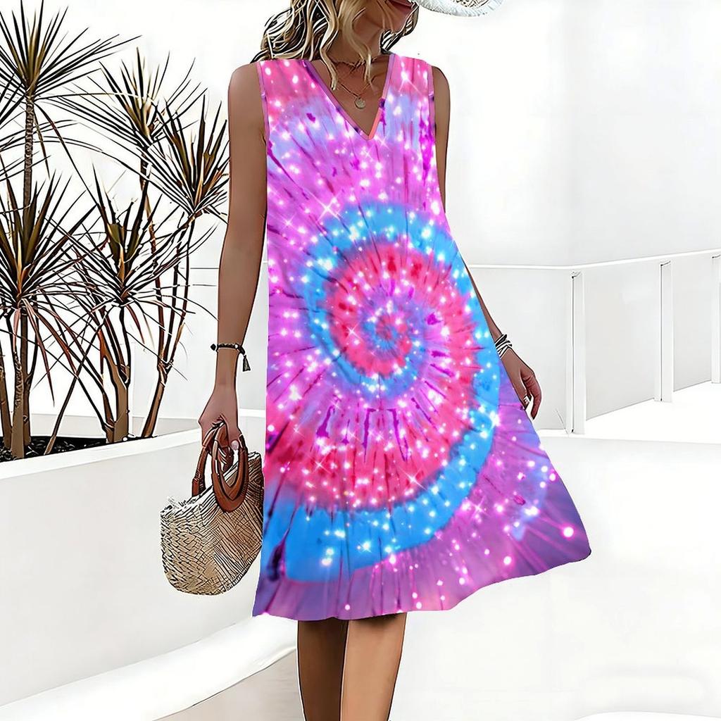 Plus Size V Neck Sleeveless Dress Deep Forest Brook Ink Painting Print For Wilderness Walking Trip