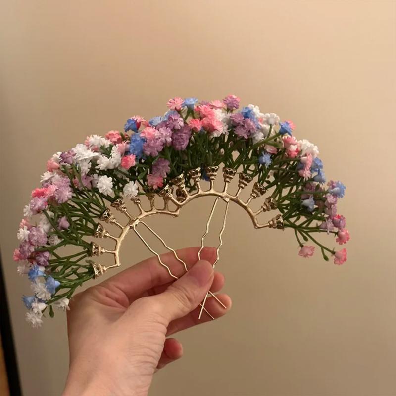 Handmade Floral Fan Hairpin Delicate Colorful Flower Design Anti-Slip Traditional Hair Accessory for Hanfu Travel Photo Shoots