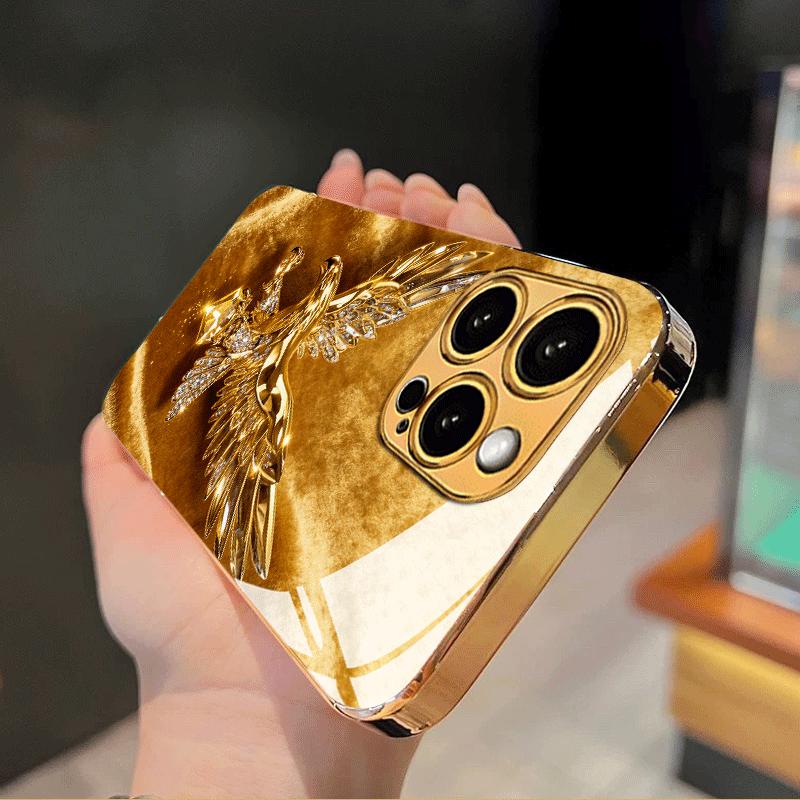 Luxurious Gold Eagle Patterned Electroplated Glass Phone Case Suitable for iPhone 17 16 15 14 13 12 11 Pro Max Plus Anti Drop