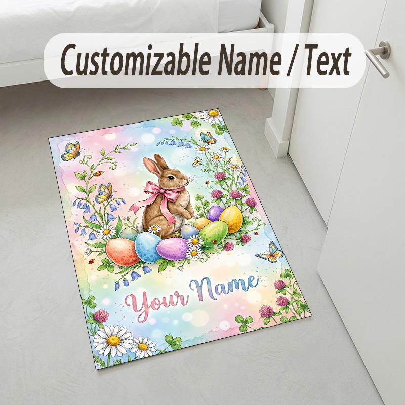 Easter Bunny Theme Crystal Velvet Rug Personalized Custom Name Text Soft Floor Mat Home Decor