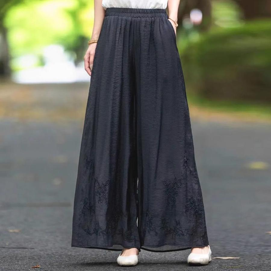 Summer New Cotton Linen Embroidery Double Layer Straight Leg Pants Casual Wide Leg Pants Plus Size Women's Fashion Loose Waist Literary Style Clothing
