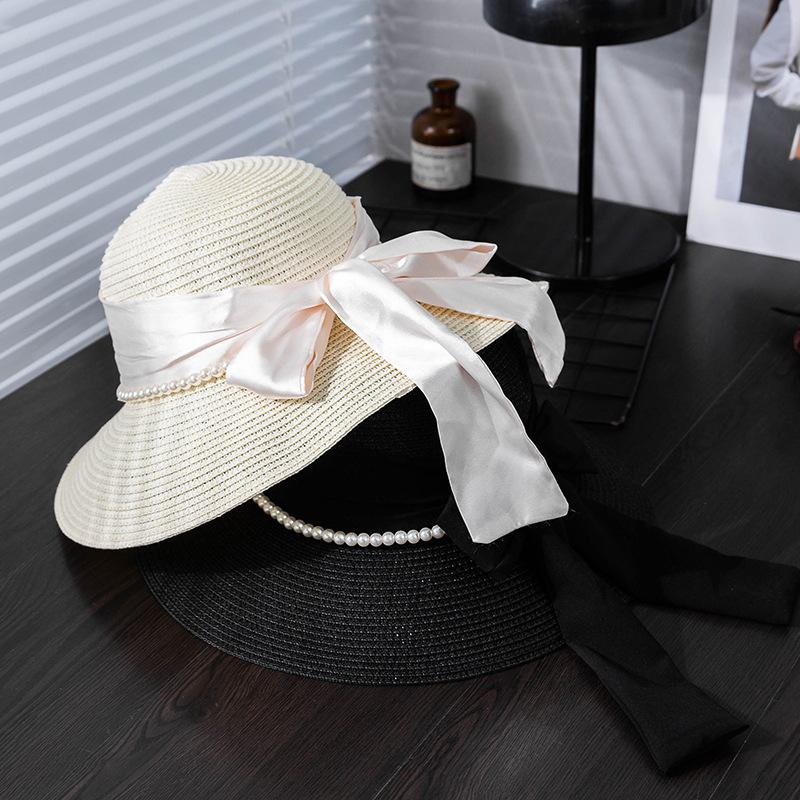 Elegant Women's Sun Hat with Bow & Faux Pearl Accents - Breathable, Wide Brim Straw Bucket Cap for Summer