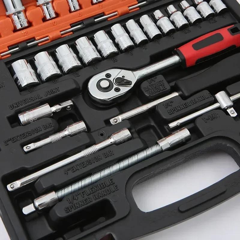 46-Piece 1/4-Inch Mechanics Tool Kit With Quick-Release Ratchet Screwdriver Kit Extension For Manual Use On Automobiles