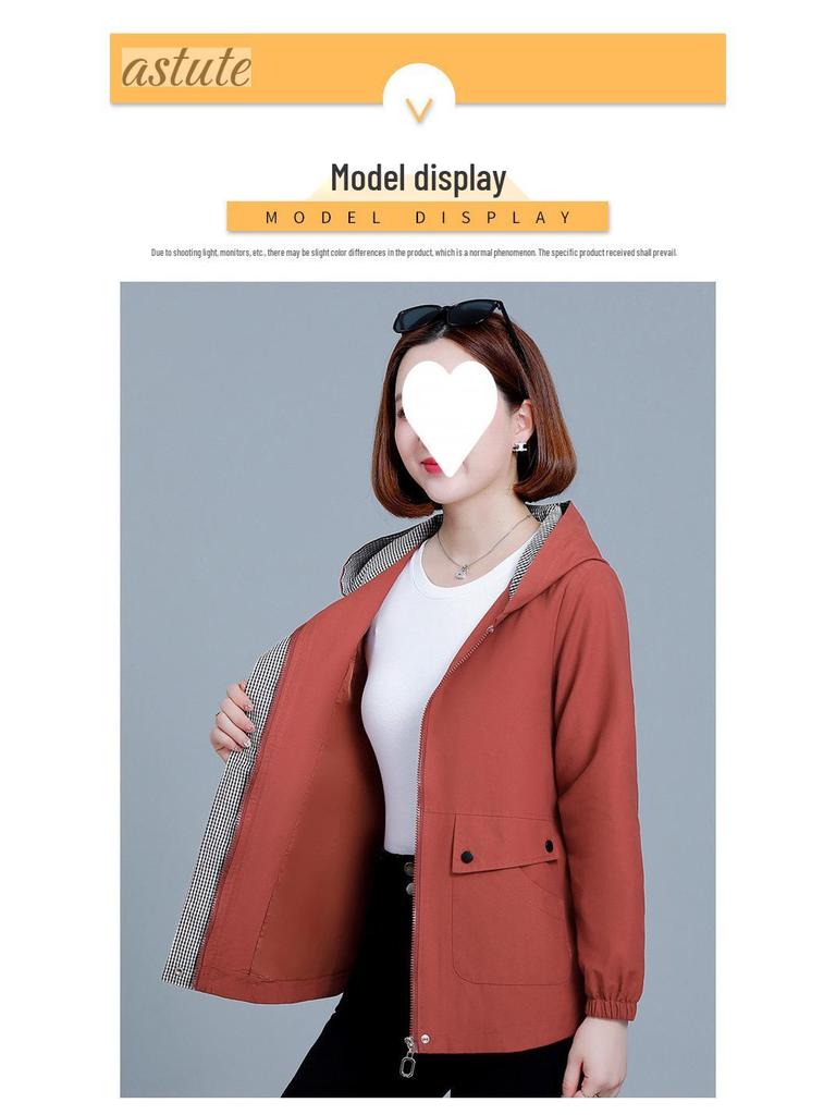 Women's Spring-Autumn Plus Size Hooded Windbreaker - Casual, Stylish, and Age-Reducing for Middle-Aged Women