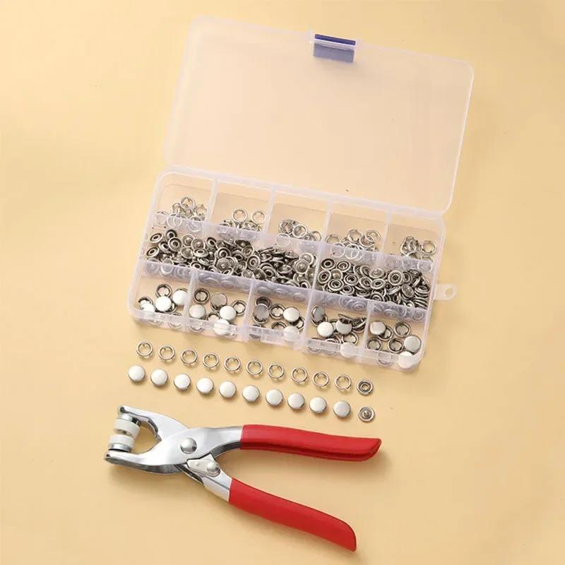 100pcs Metal Prong Snap Fasteners Buttons Solid Hollow Press Button Studs With Pliers Tool Kits For Clothes Bags Garment Sewing