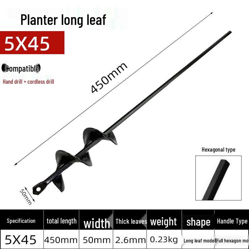 Spiraalvormige handboormachine voor het planten van zaden, bloemen en groenten in een kas, met elektrische boormachine en zaklamp.