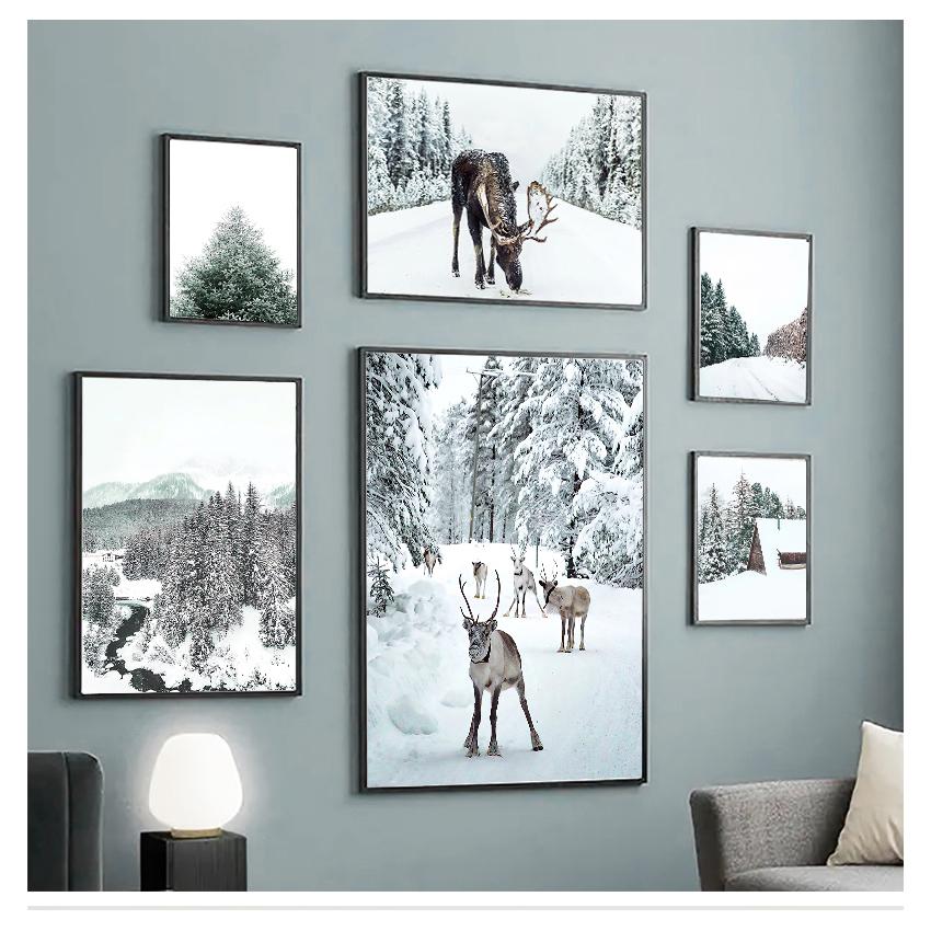 Landscape Pine Forest Snow Elk Nordic Posters And Prints Wall Pictures For Living Room Decor Wall Art Canvas Painting Winter