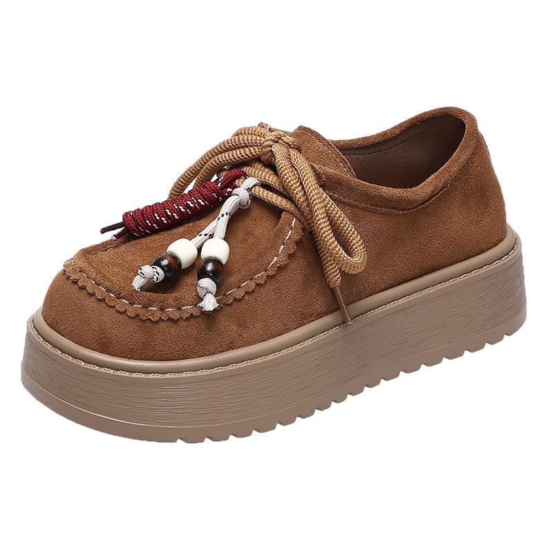 Retro fringed beaded loafers women's autumn 2025 new suede comfortable soft muffin sole casual shoes