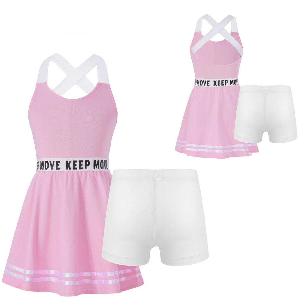 Kinderbekleidungsset, Tennisanzug, ärmelloses Tenniskleid mit Innenshorts, Mädchen-Tennissport-Trainings-Workout-Kleid-Outfits