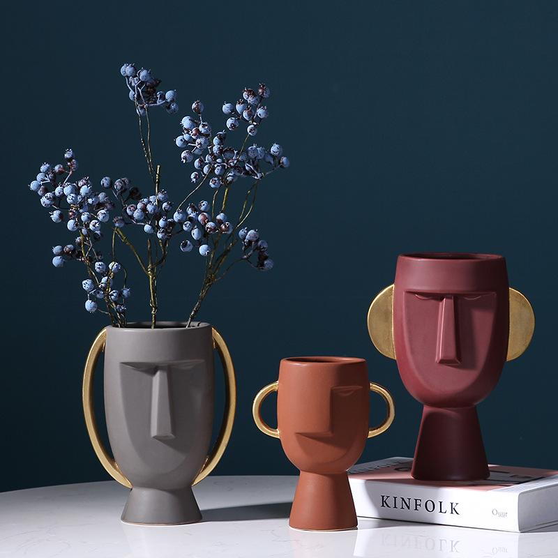 Ceramic Abstract Face Vase Home Decoration Ornament Head Flower Vase with Golden Ear Handle Table Art Statue