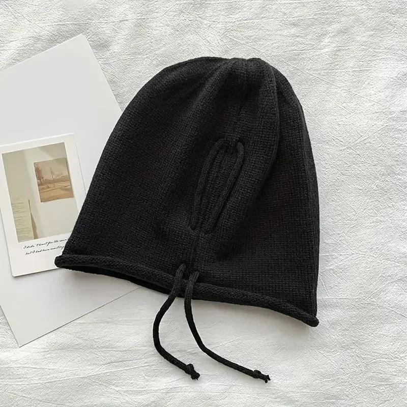 Pop Stil Show Gesicht Kleiner Stapelhut Kordelzug Baggy Slouchy Beanie Damen Herbst Ohrwärmer Skullies Mütze Einfarbige Strickmütze