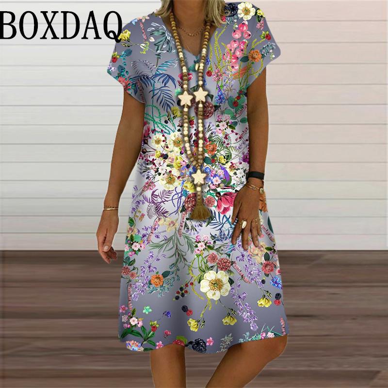 3D Butterfly Pattern Dress For Summer 2024 Women Clothes Oversized Fashion Short Sleeve Flower Print Dress Casual V-Neck Dresses