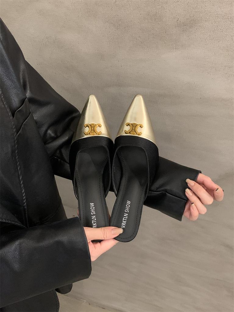 Xiaoxiangfeng bag head and half slippers are worn outside, spring and summer 2025, new thin heels, pointed heads, shallow mouth, high heels, single s