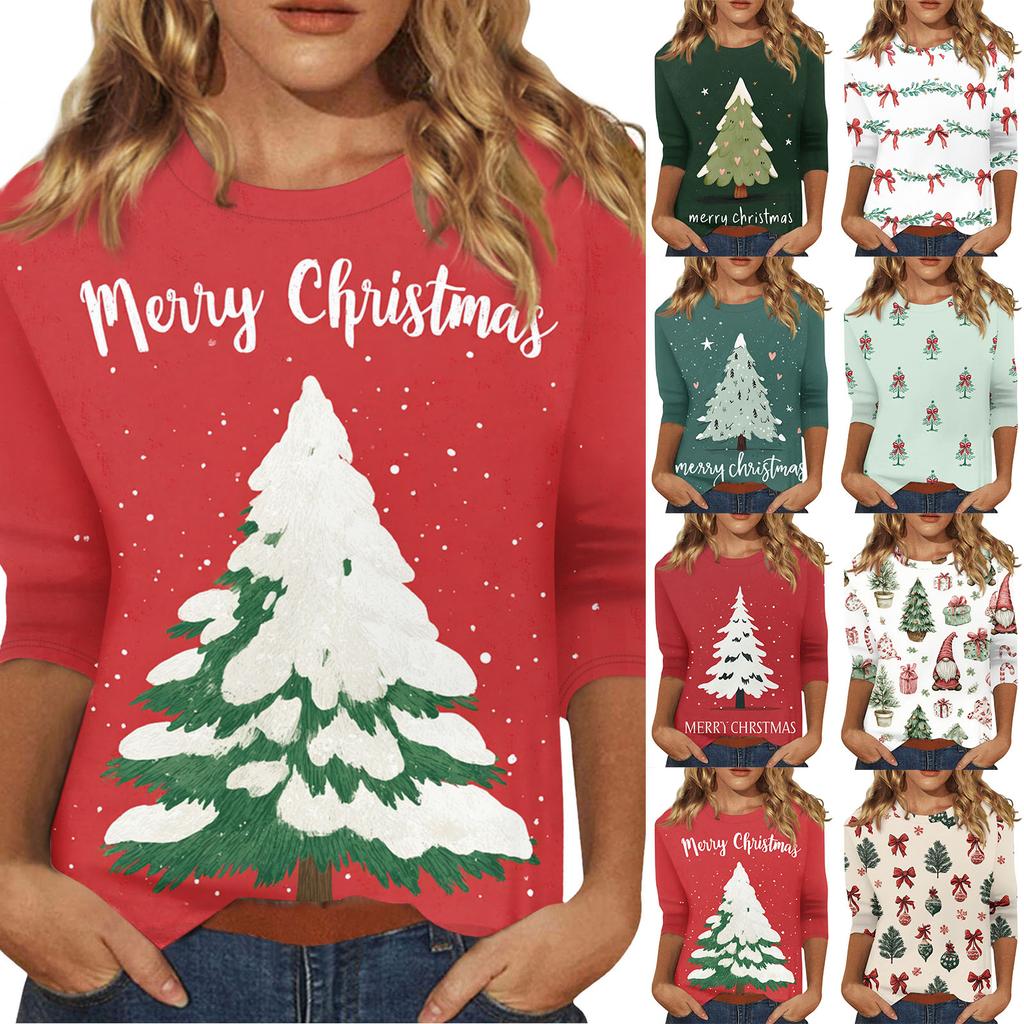 Women's O-Neck 3/4 Sleeve Christmas Print Top