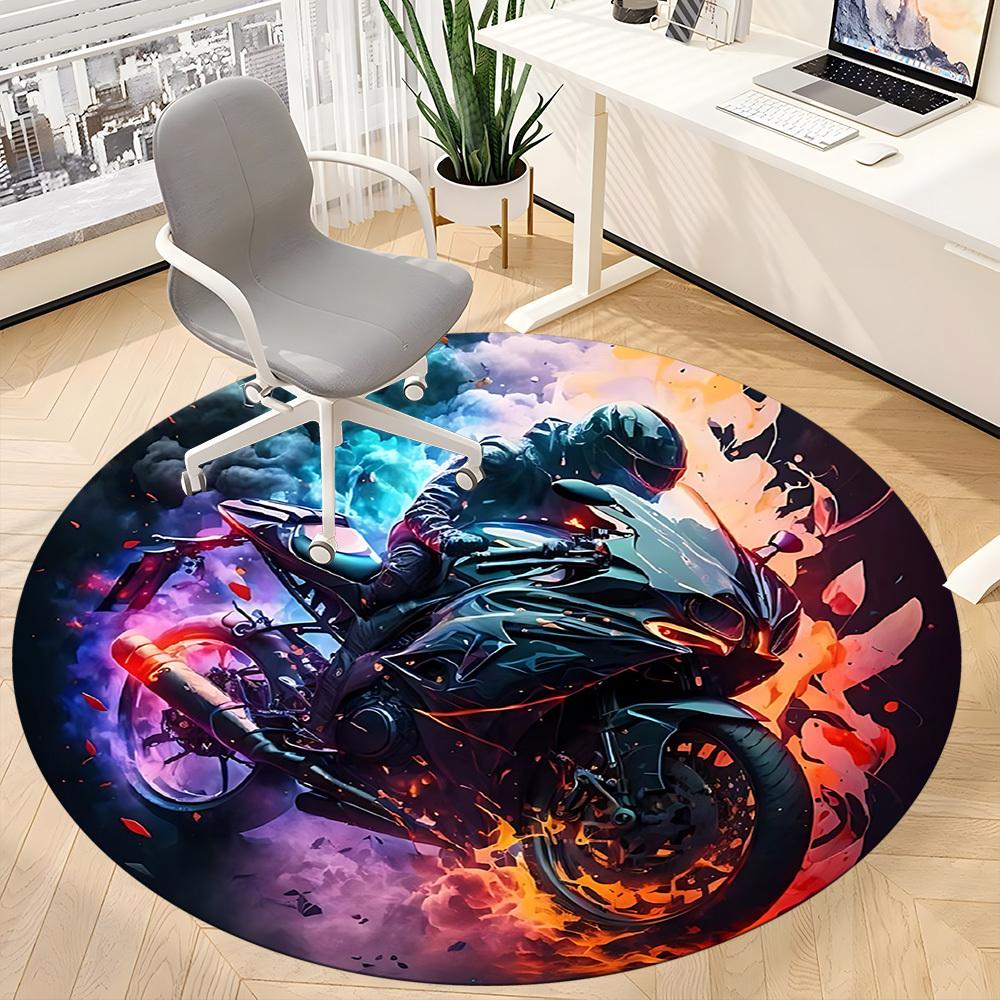 1pc Motorcycle Flames Office Round Area Rug, Indoor Mat Suitable ForOffice, Under Office Chairs Bedroom Living Room Home Decor, Room Deco T118