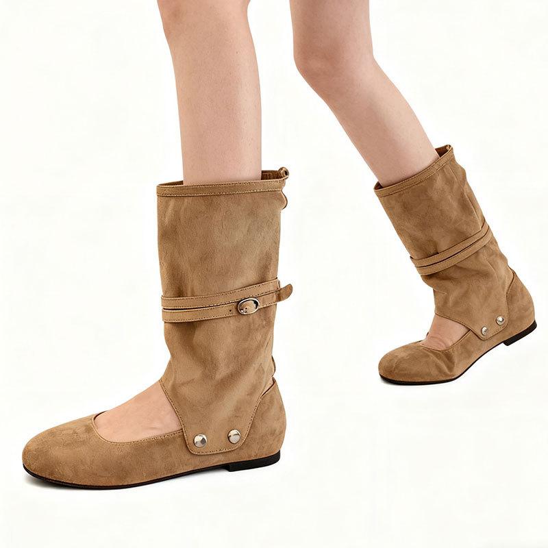 Flat-bottomed Khaki Retro Women's Boots, New Spring and Autumn with Skirts, Sandals, Thin Trousers, Boots, Medium Boots, Women