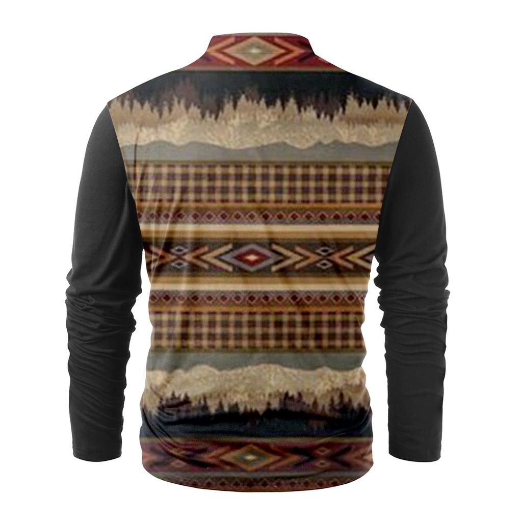 Men's Fashion Casual Printed Long Sleeve Bandage Retro Shirt Top Blouse
