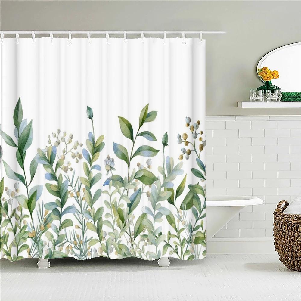 Green Plant Leaves Shower Curtains Bath Curtain Bathroom 3d Printed Fresh Waterproof Polyester Cloth With Hooks Home Decor Mat