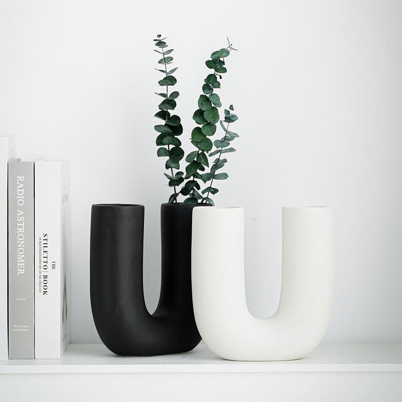 U Shape Ceramic Vase for Fresh Flower Pampas Grass Home Decoration Table Centerpiece Kitchen Bathroom Decor Living Room nero