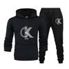 Linegeo Men Hoodie & Jogger Set, Refined Striped Interlocked Letter Art Print, Thick Fleece Sport Two Piece Set for Street Leisure