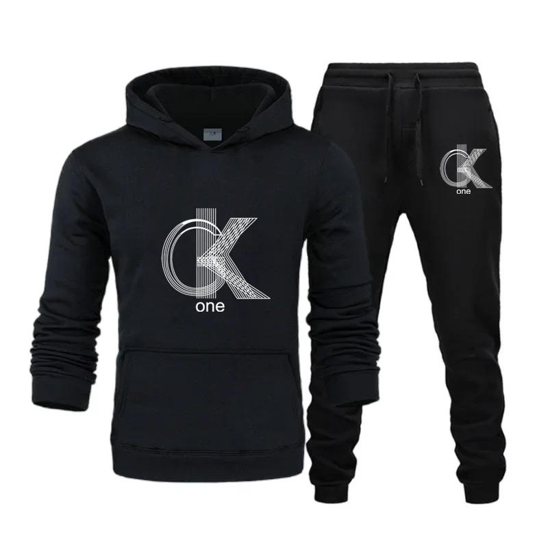 Linegeo Men Hoodie & Jogger Set, Refined Striped Interlocked Letter Art Print, Thick Fleece Sport Two Piece Set for Street Leisure