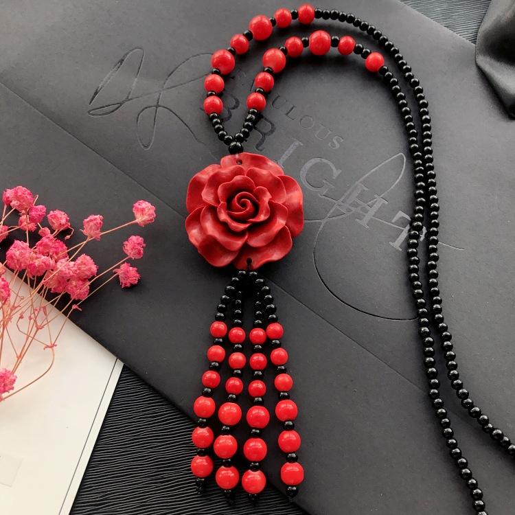 New Vintage Versatile Red Cinnabar Sweater Chain Natural Long Female Rose Necklace Pendant Accessories