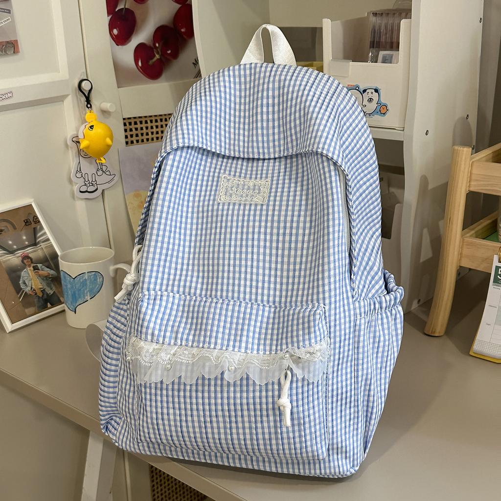Schoolbag Milk Huhu Plaid Lace Backpack Girl Heart Travel Small Backpack Japanese Sweet Wind Student Party School Bag