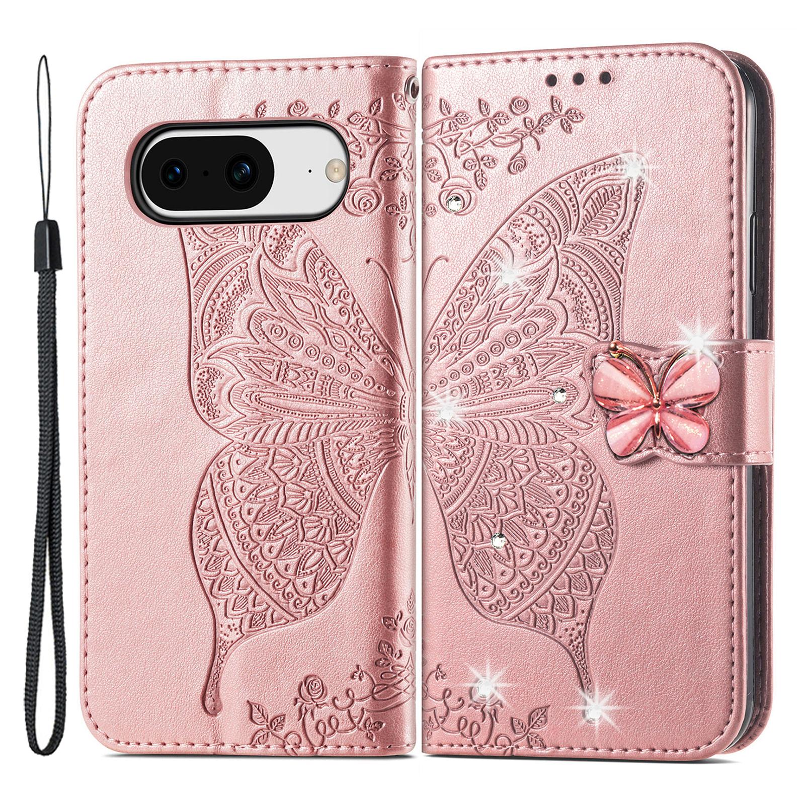 For Google Pixel 8 Case Butterfly Flower Leather Phone Cover 3D Rhinestone Decor D